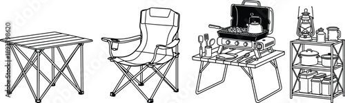 Black and white vector icon set featuring folding camping tables chairs portable grills and storage shelves for outdoor adventure and picnic design.