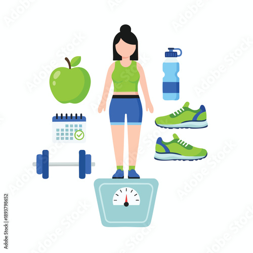 Woman on scale with fitness gear and healthy food