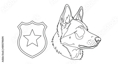 Line art illustration of a german shepherd and a sheriff badge with a star