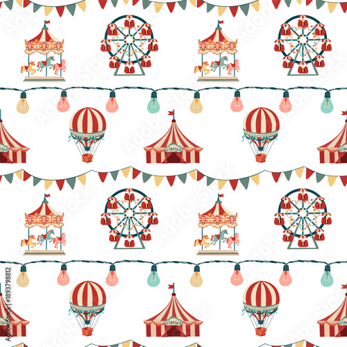 A playful vintage carnival pattern on a clean white background. Features classic icons: a hot air balloon, striped circus tent, ferris wheel, and a carousel horse in a flat retro style. Perfect for jo