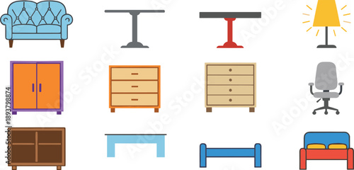 Furniture icon set with sofa, table, lamp, cabinets, drawers, chair, bed and home interior illustration