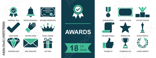 Awards icon set. Containing medal, ribbon, trophy, laurel wreath, crown, diploma, certificate, check mark, star, podium, diamond, gift and more. Solid fill vector icons collection