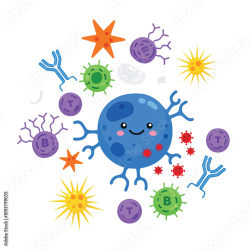 Smiling Immune Cell Surrounded by Antibodies and Pathogens