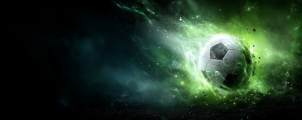 Soccer ball enveloped by vibrant green energy trails and glowing sparks on a dark background with copy space, concept for sports advertising, competitive events and futuristic themes