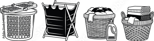 Black and white vector icon set featuring laundry hampers, wicker baskets with folded towels, detergent bottles, and fabric bins for housecleaning design
