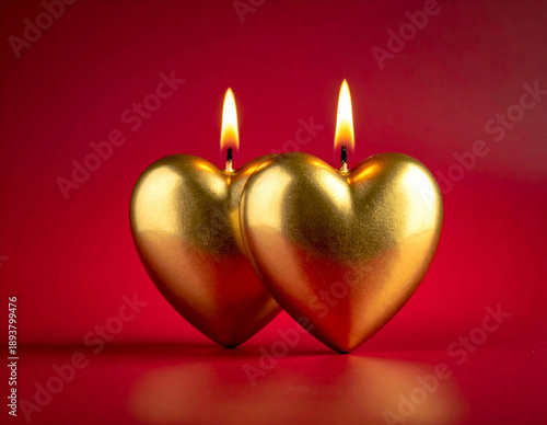 Two golden heart-shaped candles with burning flames on a rich red background, love, romance, warmth. Elegant Valentine’s Day, luxury celebrations, weddings, anniversaries, romantic design backgrounds.