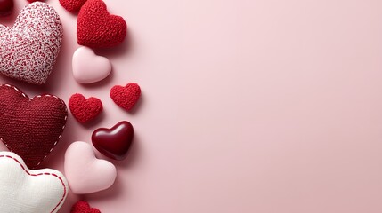 Various textured red, pink and white hearts border a pastel background with generous vertical copyspace, concept for Valentine's Day greeting, romantic wedding design and affection advertising