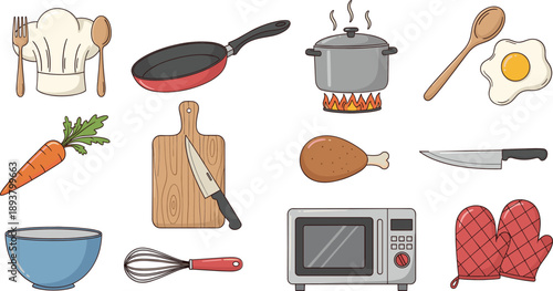 Hand drawn kitchen cooking utensils and food icons set including pan, pot, spoon, knife, vegetables illustration