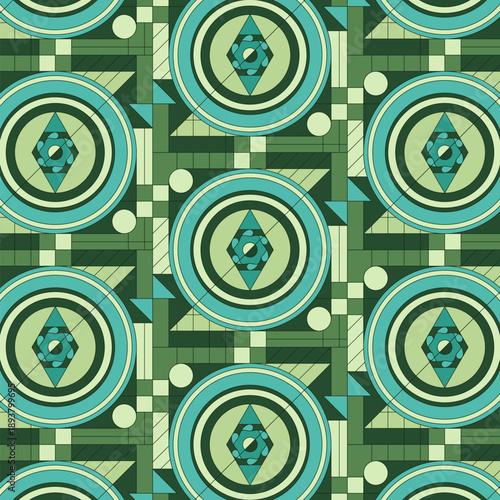 Geometric teal and green abstract repeating pattern.