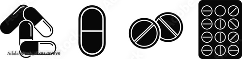 Black and white vector icon set featuring pharmaceutical capsules medical tablets and pill blister packs for healthcare pharmacy and prescription drug design