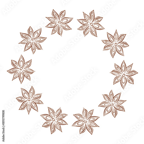 Star anise wreath in line art style. Illustration for culinary book, spice shop packaging, card design and botanical theme.