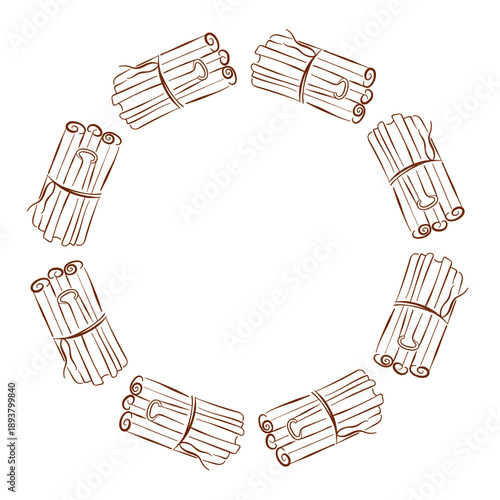 Circular frame with cinnamon stick bundle in line art style. Spice illustration with empty center for culinary cad, packaging, menu and seasonal food background.