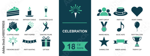 Celebration icon set. Containing fireworks, cake, party hat, balloon, confetti, gift, medal, music note, star, trophy, heart, ribbon and more. Solid fill vector icons collection