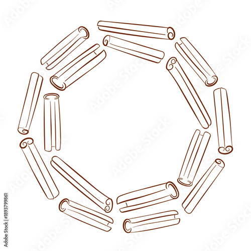 Circular frame with cinnamon stick in line art style isolated on white background. Illustration with copy space for food branding, packaging, menu and seasonal design.