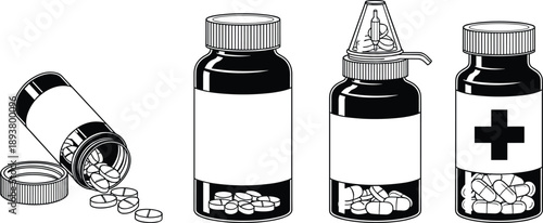 Black and white vector icon set featuring pharmaceutical pill bottles medical containers and spilled tablets for healthcare pharmacy and prescription drug design