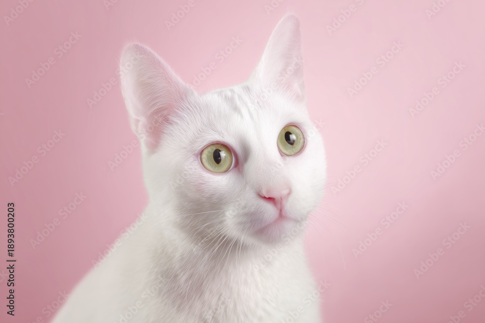 Fototapeta premium White Cat Portrait on Pastel Pink Background