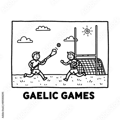 A black and white line art illustration showing athletes playing traditional Irish sports, hurling and Gaelic football, in front of a goalpost. Perfect for sports or cultural content.