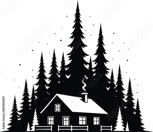 Cozy cabin nestled among tall pine trees in snowy forest