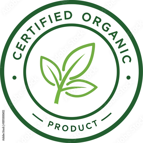 Green circular certified organic product seal featuring a simple line art graphic of three healthy growing leaves within the border