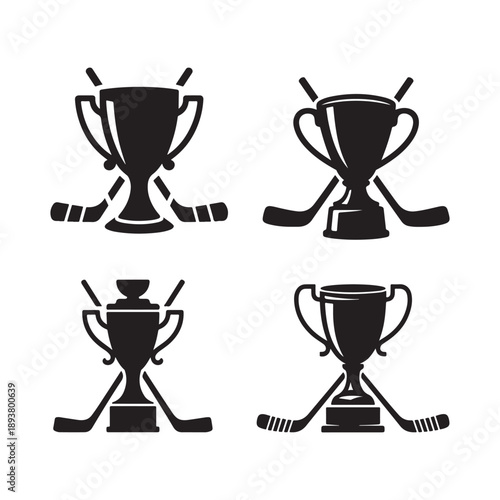 Four stylized trophy cups with crossed hockey sticks, black silhouette graphics representing championship, victory, and sports awards in winter games.