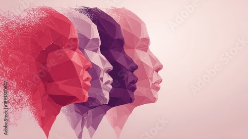 Polygonal Heads in Profile Show Change and Transformation in Pink Tones