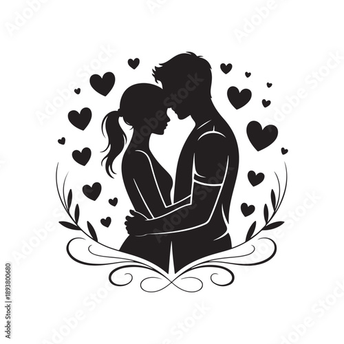Romantic silhouette of a couple embracing, surrounded by hearts and decorative swirls, a black and white illustration symbolizing love, romance, and relationships.