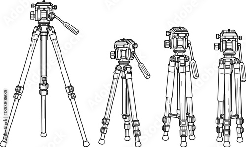 Black and white vector icon set featuring professional camera tripods in various heights and positions for photography equipment and digital video production