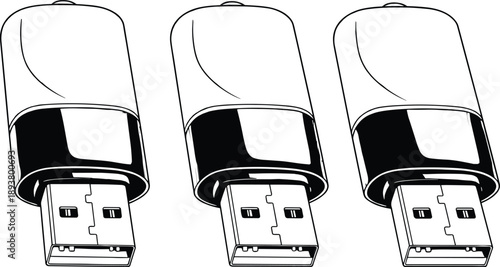 Black and white vector icon set featuring portable USB flash drives and memory sticks for digital data storage computer hardware and technology