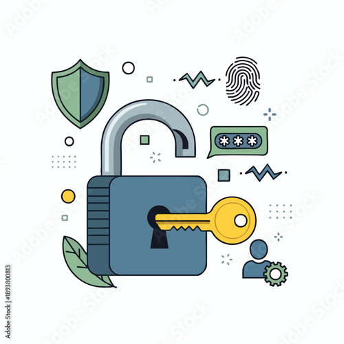 Open Lock with Key and Security Icons