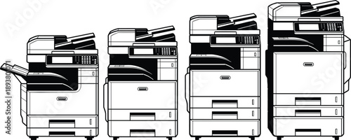 Black and white vector icon set featuring professional office photocopiers and multifunction printers with paper trays for business documentation and printing service design