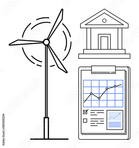 Renewable energy, banking, financial planning, environmental sustainability, green economy, economic development. Wind turbine, bank building and clipboard report with a graph. Renewable energy