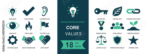 Core values icon set. Containing idea bulb, check mark, ear, eye, fire, megaphone, gear, handshake, heart, key, link, shield and more. Solid fill vector icons collection