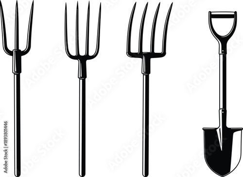 Black and white vector icon set featuring various garden pitchforks and a digging shovel for farming agriculture soil cultivation and gardening work design