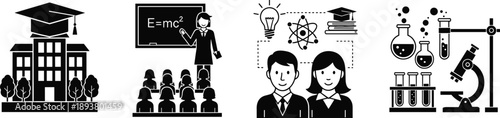 Black and white vector icon set featuring university buildings classroom lectures science research experiments and academic symbols for higher education and learning design