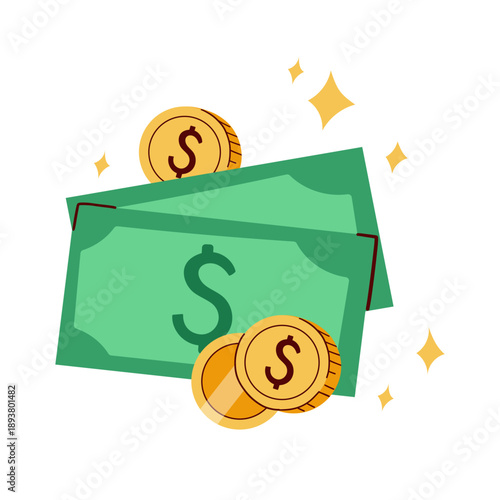 Cash money icon. Golden coins and paper bills. Green banknotes, bank notes. Financial literacy. Finance savings. Concept of currency account. Flat isolated vector illustration on white background