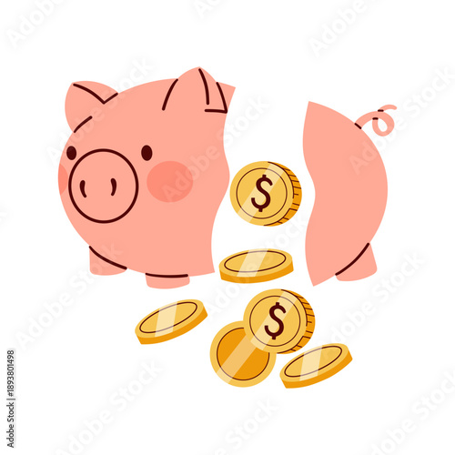 Pink piggy bank broken with coins falling out, illustrating financial loss, savings depletion, and economic hardship . Hand drawn flat vector illustration isolate on white background .