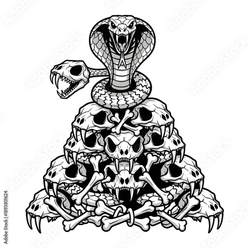 A menacing snake coiled around a pyramid of skulls and bones viewed from a straight-on perspective in a graphic illustration.