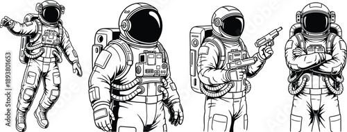 Black and white vector icon set featuring vintage astronauts in space suits floating and holding equipment for science fiction and exploration design