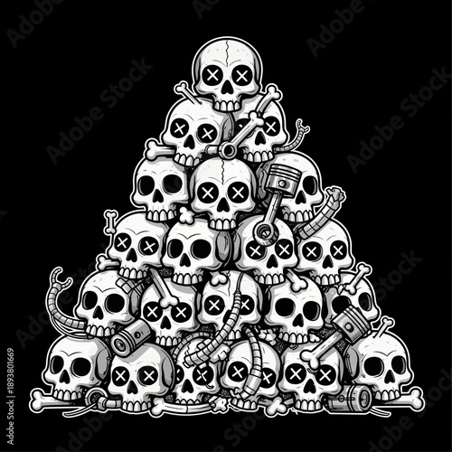 A pyramid of skulls stacked together, surrounded by bones and snakes, symbolizing mortality and danger in a haunting illustration from a front viewpoint