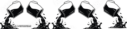 Spilled paint bucket silhouette illustration set showing liquid splashes, representing mess, accident, creativity, grunge design, and abstract fluid motion concepts.