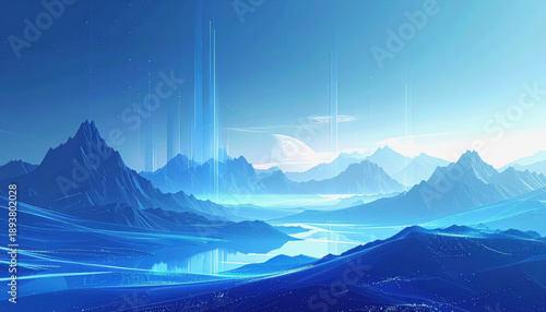 Futuristic Blue Landscape with Glowing Beams and Moonlit Mountains