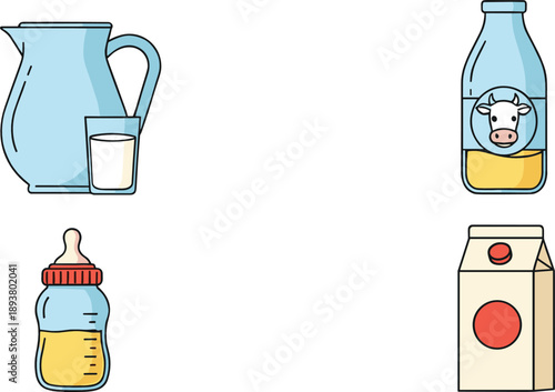 Milk and dairy product icon set with bottle, carton, baby feeder and fresh cow milk illustration