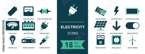 Electricity icon set. Containing plug, socket, battery, lightning, solar panel, wind turbine, switch, meter, voltage, power strip, bulb and more. Solid fill vector icons collection