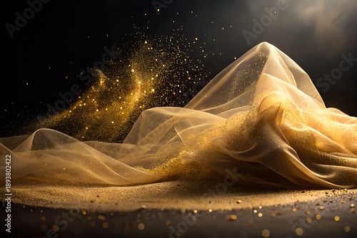 Luxurious Flowing Golden Sheer Fabric with Glitter and Dust Particles on Dark Background