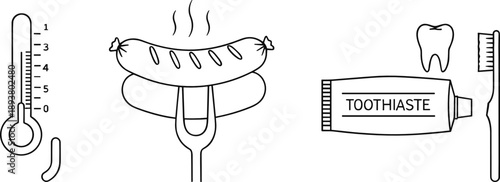 Minimal outline icon set with thermometer, grilled sausage, toothpaste, toothbrush and tooth care hygiene symbols illustration