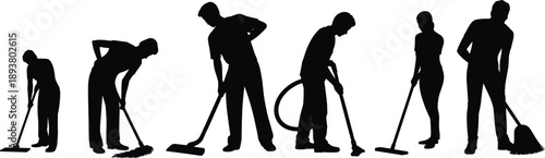 Black silhouettes of professional cleaners using mops, brooms, and vacuum equipment, showing janitor and housekeeping workers performing cleaning service tasks isolated on white background