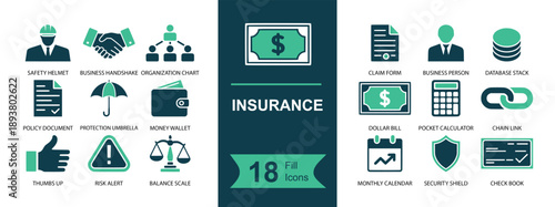 Insurance icon set. Containing agent, handshake, network, policy document, umbrella, wallet, money, calculator, database, shield, warning, approval and more. Solid fill vector icons collection