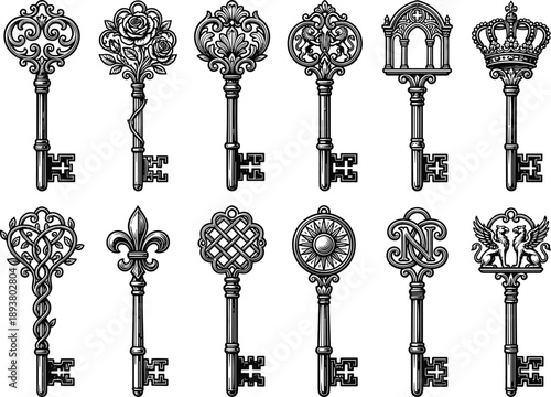 Vintage ornate keys collection, antique decorative key set, symbolic retro key designs, elegant steampunk style, flat vector illustration