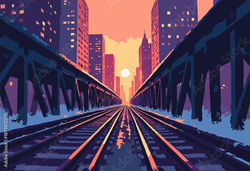 graphic perspective view Chicago L train tracks running between buildings Industrial steel textures warm glowing sunset end tunnel