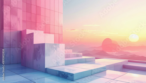 Abstract Architectural Scene with Cubes and Steps in Pastel Pink and Blue Lighting